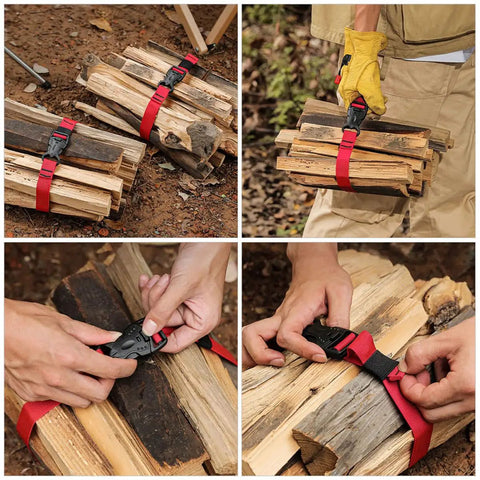 Two Pack Heavy Duty Nylon Packing Straps with Quick Release Buckle securing firewood, showing adjustable design for camping gear.