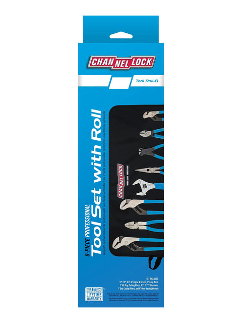 Image of 8 Piece Pro Tool Roll Set With Pliers And Adjustable Wrench Includes Straight Jaw Tongue And Groove Pliers Lineman's Pliers Diagonal End Cutting Long Nose Pliers And Cutter Organized Roll For Your Shop packaging.
