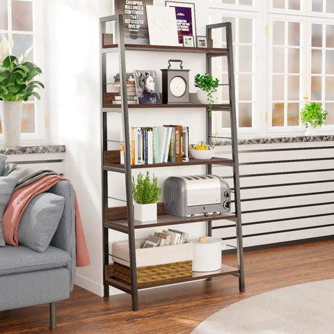 Solid Five Tier Industrial Ladder Bookshelf In Rustic Brown, Steel Frame Leaning Rack For Plants And Daily Gear, Hella Sturdy Freestanding Floor Bookcase For Chill Living Rooms Or Crisp Home Studios
