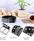 Rock Rivet Belt With Pyramid Studs displayed on white surface, featuring metal buckle, pyramid rivet, and faux leather material details.