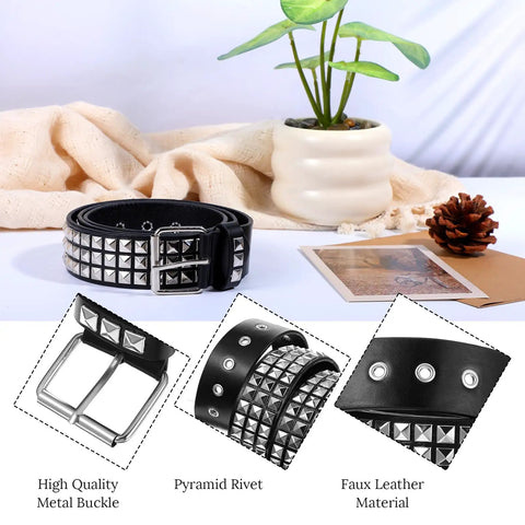 Rock Rivet Belt With Pyramid Studs displayed on white surface, featuring metal buckle, pyramid rivet, and faux leather material details.