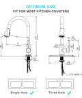 Diagram of gold kitchen faucet with pull out sprayer, single handle, 3 hole install, showing dimensions and fit for counters.