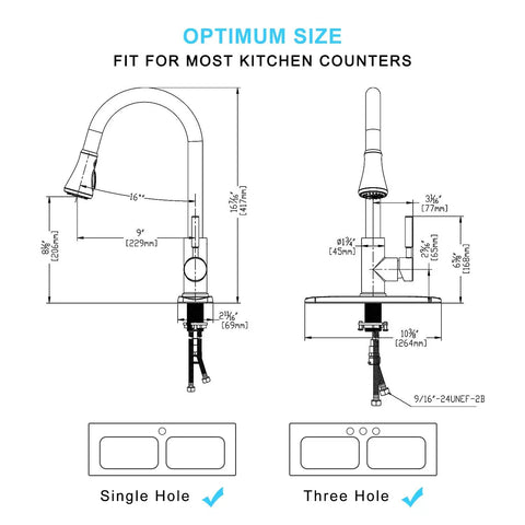 Diagram of gold kitchen faucet with pull out sprayer, single handle, 3 hole install, showing dimensions and fit for counters.