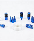 Rock Solid Aluminum Quarter Inch Air Hose Fittings And Air Compressor Quick Connect Fittings 15 Piece Air Coupler Plug Kit, blue connectors and seal tape.