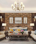 Living room with Peel and Stick 3D Faux Brick Wall Panels, Self Adhesive Foam Wallpaper, Antique Look, 7mm Thick, used as backdrop.