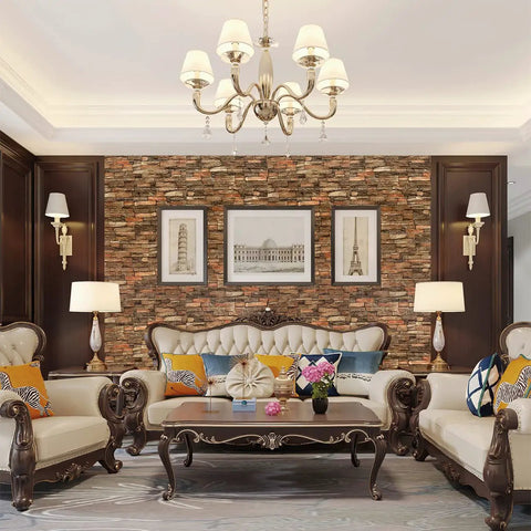 Living room with Peel and Stick 3D Faux Brick Wall Panels, Self Adhesive Foam Wallpaper, Antique Look, 7mm Thick, used as backdrop.
