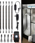 Smart LED Under Cabinet Lighting Kit With Alexa Voice And App Control Six 12 Inch Dimmable Linkable Light Bars 900 Lumen Output 100 To 240V 5000K Daylight Perfect For Displays Closets And Showcases, showing components and app control.