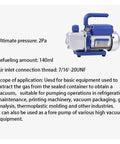Heavy Duty Vacuum Pump For Industrial Refrigeration And Auto Shop Maintenance With Killer 180 Watt Motor And Game Changing 2 Pa Suction, 140ml tank.