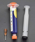 10ML Blue UV Solder Mask Kit With Needle And Push Tool For PCB BGA Paint Prevent Corrosion And Arcing Soldering Paste Flux Cream Welding Flux Oil For Electronics Pros And Tinkerers, showing syringe and tools.