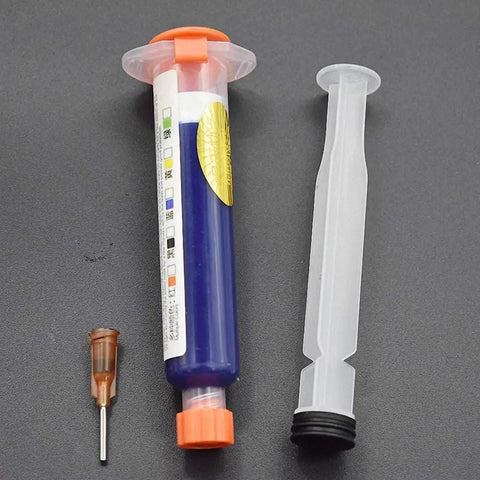 10ML Blue UV Solder Mask Kit With Needle And Push Tool For PCB BGA Paint Prevent Corrosion And Arcing Soldering Paste Flux Cream Welding Flux Oil For Electronics Pros And Tinkerers, showing syringe and tools.