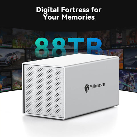 Four Bay USB C External Hard Drive Enclosure For 2.5 And 3.5 Inch SATA HDD Or SSD Drives rugged aluminum design showcasing 88TB capacity.