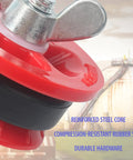 Close-up of red 1-1/2 in mechanical end-of-pipe gripper plug with chrome clamp and rubber seal; 3-piece set.