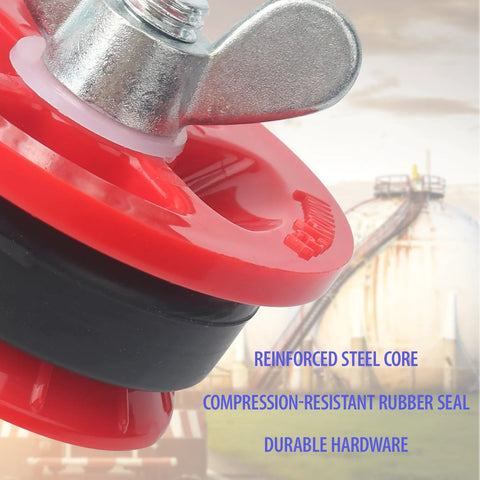 Close-up of red 1-1/2 in mechanical end-of-pipe gripper plug with chrome clamp and rubber seal; 3-piece set.