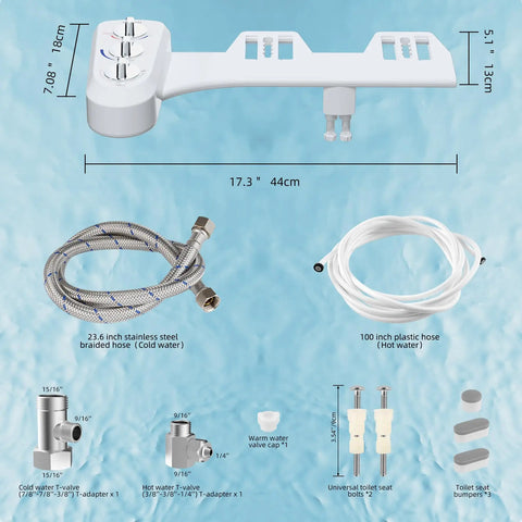 Dual Nozzle Bidet Attachment For Toilet With Self Cleaning Nozzles And Hot And Cold Water Spray No Fuss Non Electric Mechanical Bidet Seat For Rear And Feminine Wash Adjustable Water Pressure Easy Install White showing dimensions, hoses, and connectors.