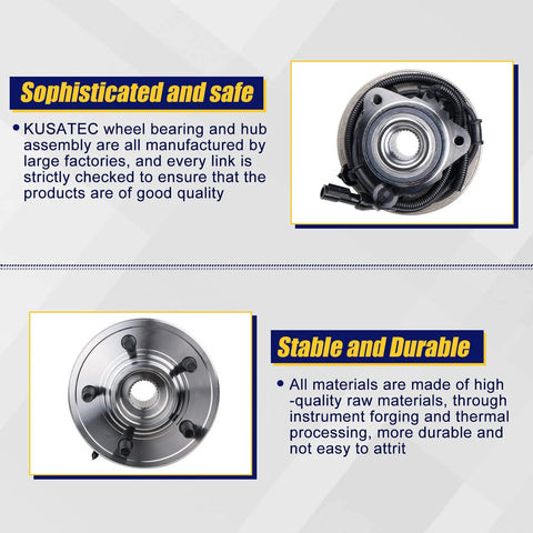 Front Wheel Bearing And Hub Assembly 2 Piece Set Fits Ford Explorer 2002-2005, Lincoln Aviator 2003-2005, Mercury Mountaineer 2002-2005 With ABS, 5 Lug Bolts, Direct Replacement, Ready To Roll, Durable Performance For Smooth Rides showcased in promotional image highlighting durability and manufacturing quality.