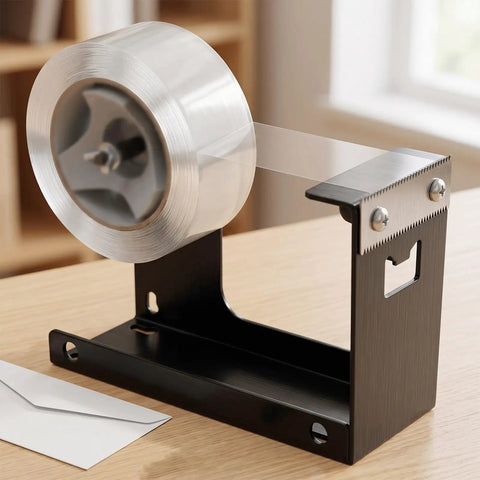 Heavy Duty Desktop Tape Dispenser With Solid Steel Base And Precision Serrated Blade For Straight Up Clean Cuts On Packing Boxes And Office Supplies No Sweat Desk Setup on wooden desk.