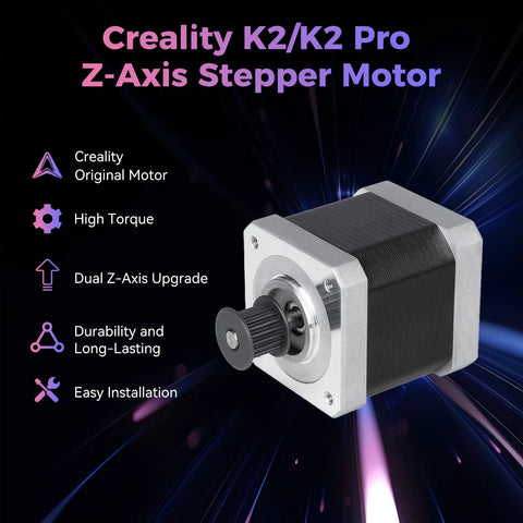 Creality K2/K2 Pro Z-axis stepper motor, front view; silver housing with pulley and mounting plate