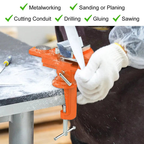 Worker using Beastly Table Vise With 3 Inch Jaw Opening And 360 Degree Swivel Base on workbench, holding material securely