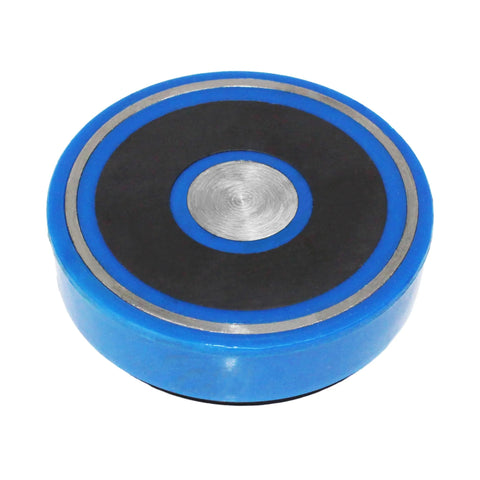 Blue magnetic base indicator back holder for 1-inch dial indicators; blue body, black top, and silver center stud.