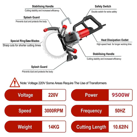 Badass 9000W Corded Concrete Saw With Linkage Water Pump For Zero Dust Slash Brick Cement And Masonry, detailed features and specifications.
