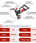 Heavy Duty 9500W Concrete Cutting Saw features stabilizing handles, special ring saw blades, and water spray system.