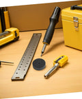 Six Pack Pro Nylon Polishing Wheels Set Featuring 75mm Size And 10mm Hole for high speed grinding next to tools on a workspace.