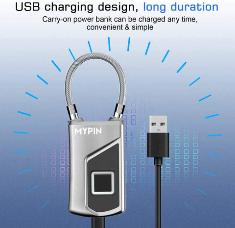 USB charging design of keyless fingerprint padlock with key backup waterproof smart lock for gym bags luggage backpack bike and office