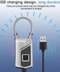 Keyless Bluetooth Fingerprint Padlock With App Control For Android And iOS shown with USB charging cable