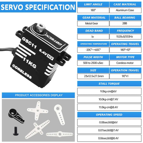 11Kg High Torque Sub Micro Steering Servo 8.4V Coreless With Metal Horn, product specifications and accessories displayed