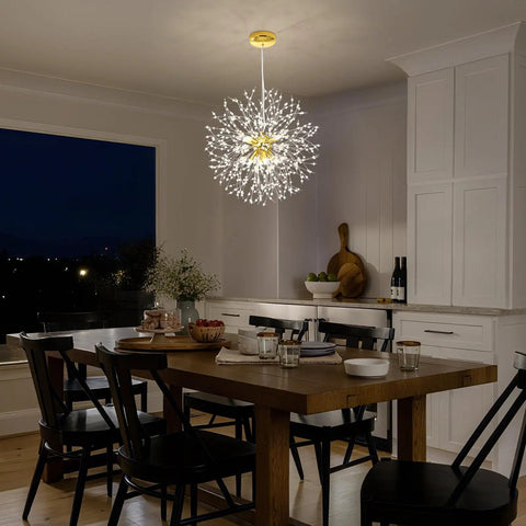 Gold Crystal Sputnik Chandelier Pendant Light 8 Light Firework Dandelion Design in dining room ambiance, 40 cm diameter.
