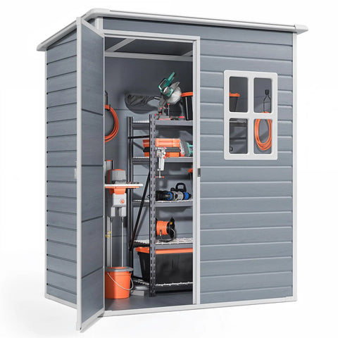5x3 Ft Outdoor Storage Shed With Lockable Door, Rugged Weatherproof Resin Garden Shed With Floor And Ventilation, tools inside