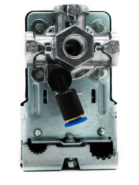 Front view of Air Compressor Pressure Switch 125 To 155 Psi Four Port With Bleeder Built Beefy for home shop use.