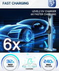 Level Two Portable EV Charger Delivering 32 Amp Power At 240 Volts With A Heavy Duty 25 Foot Cord shown with car graphic.