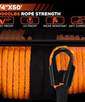 Close-up of Heavy Duty Synthetic Winch Rope Kit 1/4 Inch by 50 Ft with 10000 Lbs Break Strength, forged hook visible.