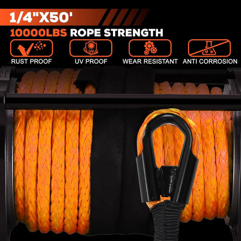 Close-up of Heavy Duty Synthetic Winch Rope Kit 1/4 Inch by 50 Ft with 10000 Lbs Break Strength, forged hook visible.