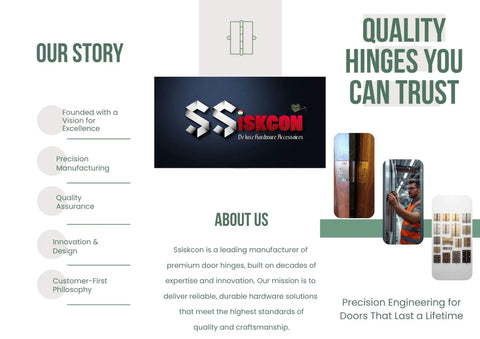Brand overview for Ssiskcon, highlighting quality manufacturing and precision engineering for durable door hinges.