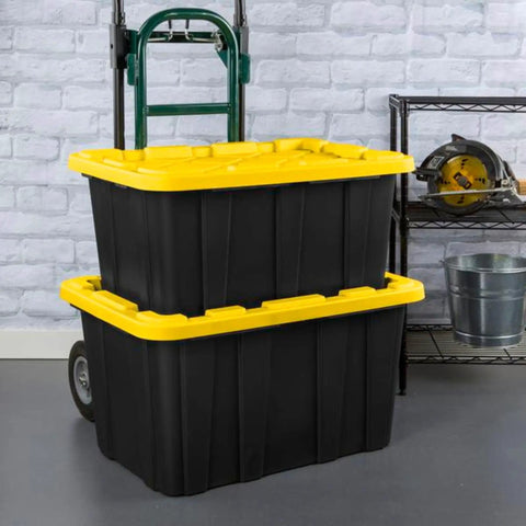4 Pack 27 Gallon Heavy Duty Industrial Storage Tote With Lids, stackable plastic bins in black and yellow
