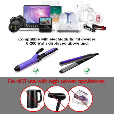 Global Travel Voltage Converter For Hair Tools 220V To 110V Up To 230W shown with compatible devices and warnings.