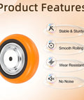 Built Like A Tank Six Inch Industrial Caster Wheels With Heavy Duty Replacement Rollers showcases an orange wheel with features like stability and smooth rolling.