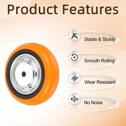 Built Like A Tank Six Inch Industrial Caster Wheels With Heavy Duty Replacement Rollers showcases an orange wheel with features like stability and smooth rolling.