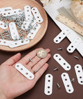DIY Furniture Fix Kit White Metal Flat Brackets for Tables and Chairs displayed on table with screws and ruler