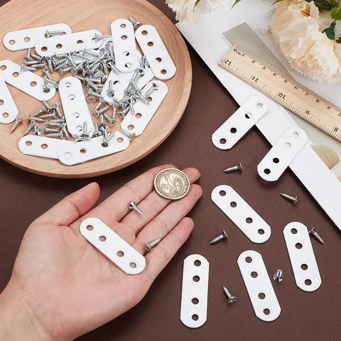 DIY Furniture Fix Kit White Metal Flat Brackets for Tables and Chairs displayed on table with screws and ruler