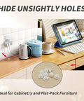 500 Pieces Plastic Hole Plugs Set For Three Sixteenth Inch Holes White Round Button Caps For Cabinets Cupboards And Shelves Screw Caps Drilling Cover Plugs With Secure Fit And Transparent Storage Box Included shown in use on kitchen counter and desk