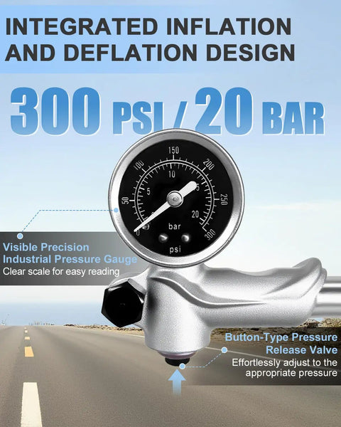 Pro Grade High Pressure Bike Shock Pump With Gauge, 300 PSI Max, visible pressure gauge, industrial design, clear scale