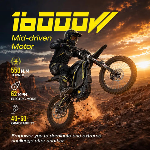 Heavy Duty 16000 Watt Electric Dirt Bike For Adults jumping over rocky terrain during sunset, featuring mid-driven motor.