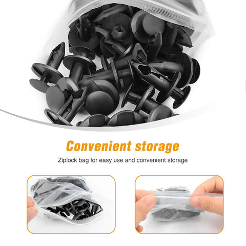 Solid Nylon Bumper Fastener Clips 100 Piece Set in ziplock bag for convenient storage and easy use, ideal for repairs.