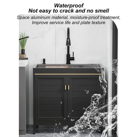 Free Standing Kitchen Sink with Cabinet Drainer & Tap - Bathroom Vani Sink Combo Room tial (60x45x80cm) - Space-Saving Solut with black finish and modern tap.