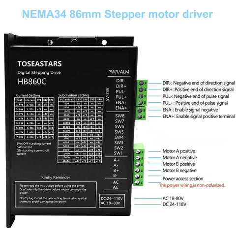 HB860C stepper motor driver from the 3 Axis Nema 34 Stepper Motor Kit CNC Controller with connection details and settings guide