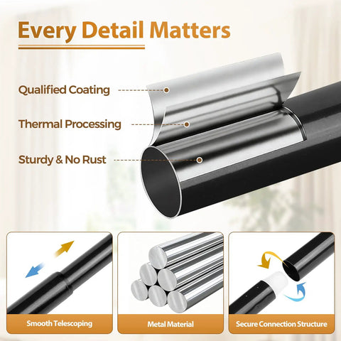 Details of Telescoping Curtain Rod Adjustable From 32 To 58 Inches And 20 To 53 Inches Splicing Design showing coating and material.