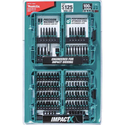 Makita Impactx 100-piece driver bit set in teal case, front view